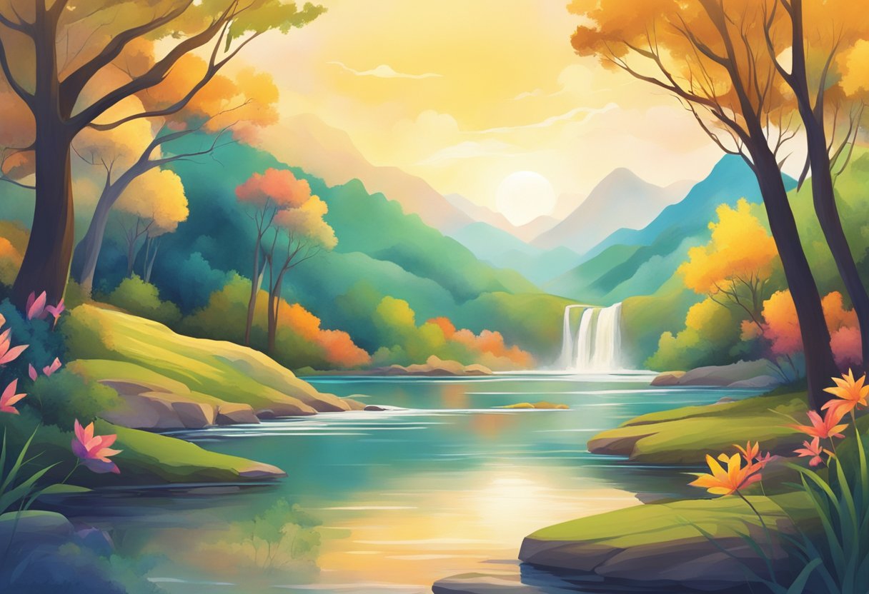 A serene nature scene with vibrant colors and flowing energy, transitioning from dull and muted to bright and lively