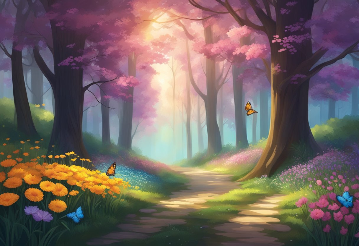 A serene forest with sunlight filtering through the trees, illuminating a path leading from a dark, gloomy area to a vibrant, colorful meadow filled with blooming flowers and butterflies