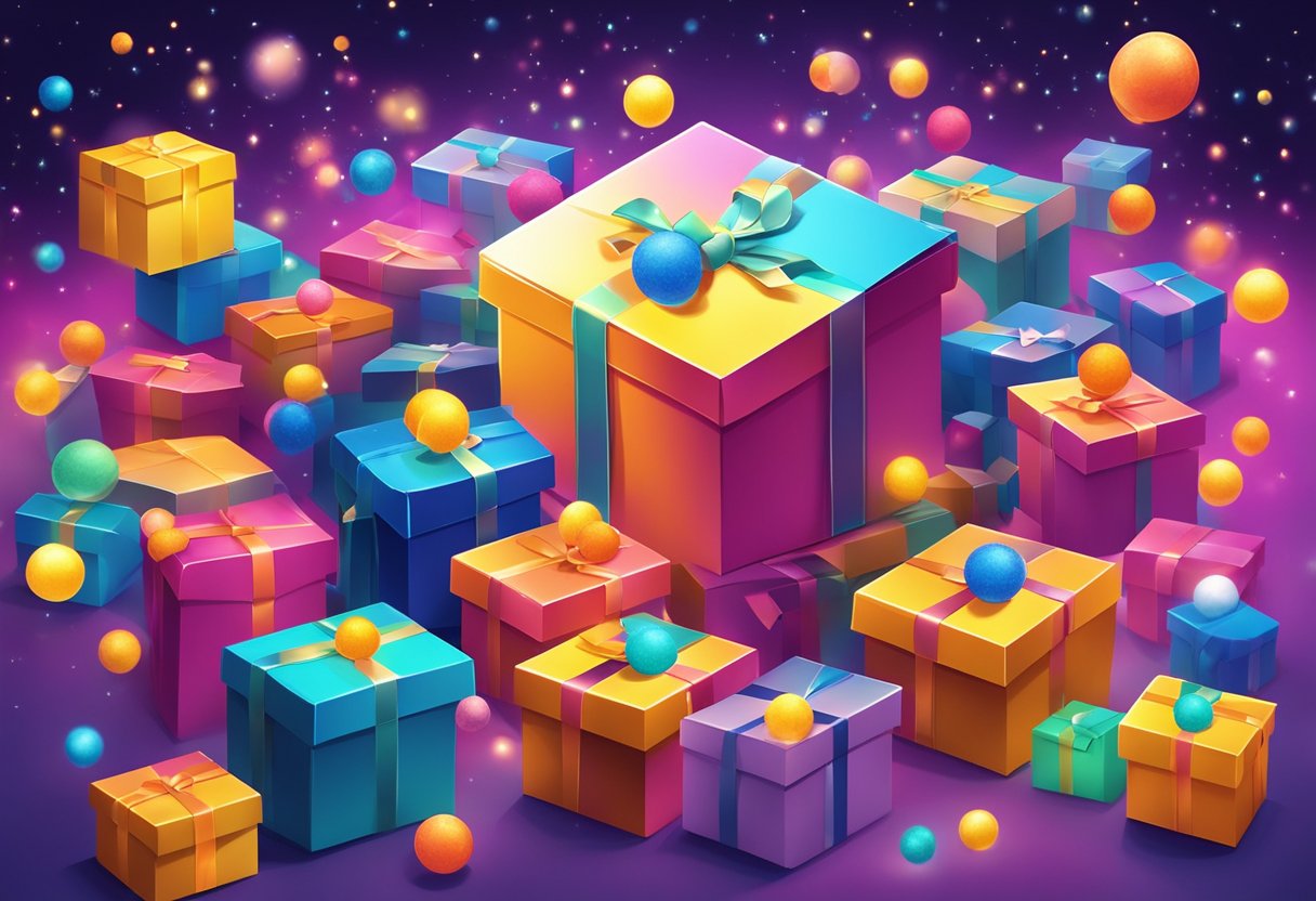 A colorful box surrounded by swirling sparkles and floating objects representing desires