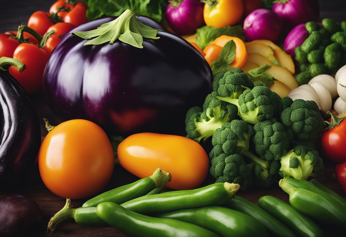 A vibrant eggplant surrounded by a variety of colorful vegetables, with rays of sunlight shining down on it