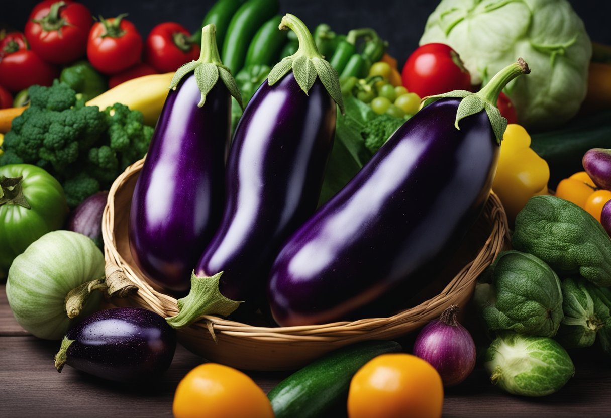 A vibrant eggplant surrounded by colorful fruits and vegetables, showcasing its nutritional benefits