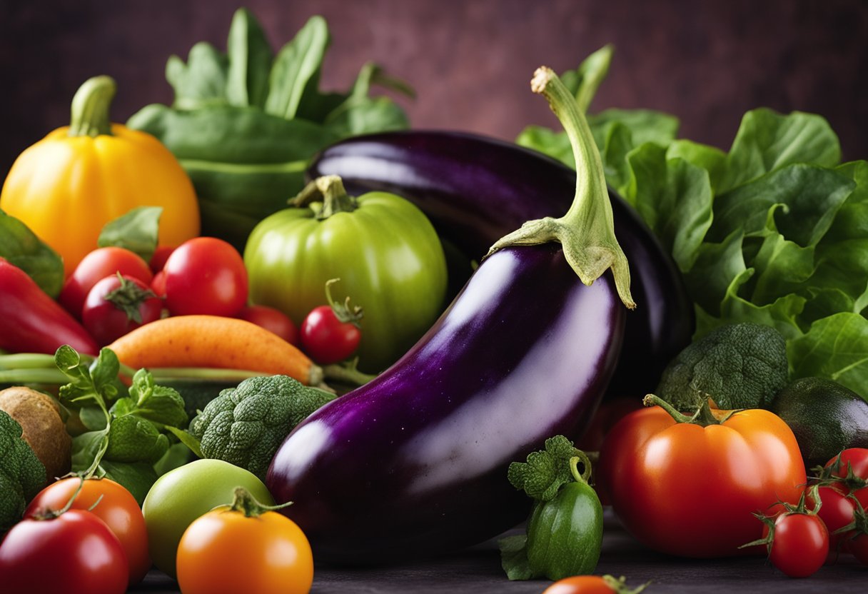 A vibrant eggplant surrounded by a variety of colorful fruits and vegetables, with a glowing halo to symbolize its numerous health benefits
