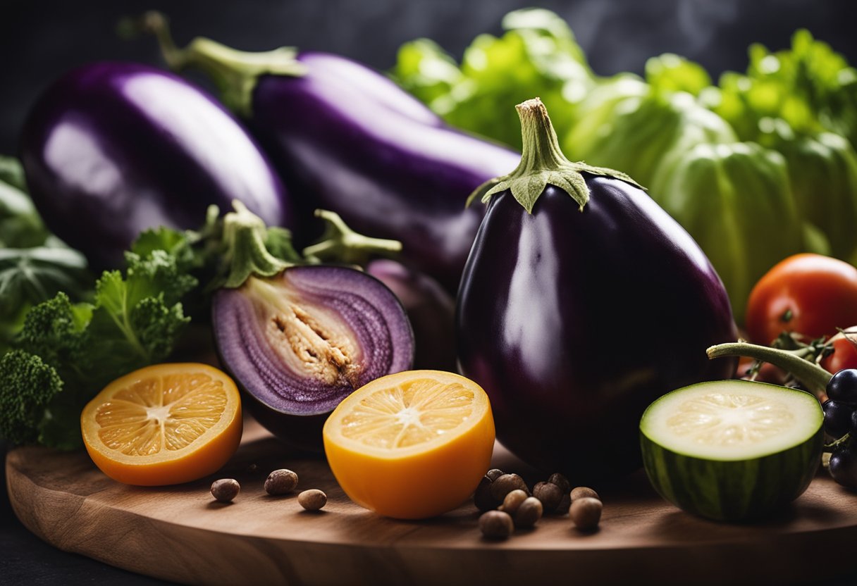 A vibrant eggplant surrounded by various fruits and vegetables, with a beam of sunlight shining down on it, highlighting its glossy purple skin