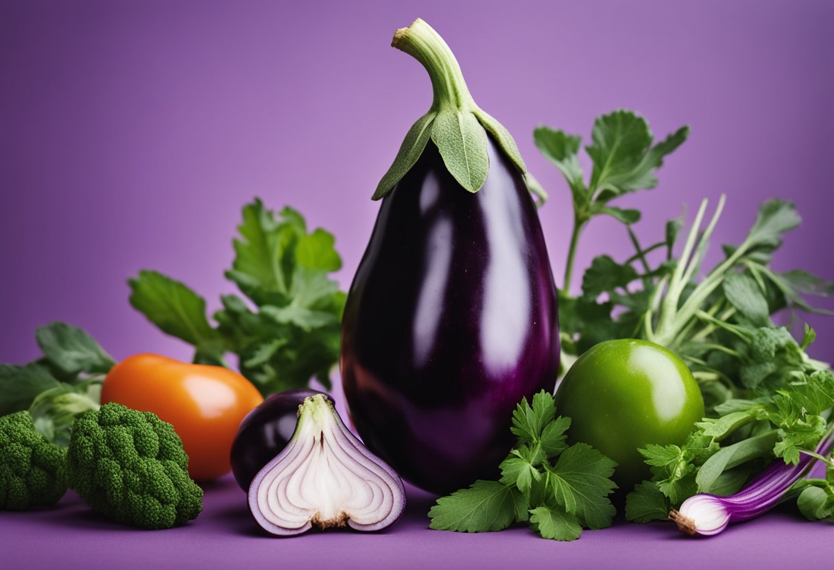 A vibrant eggplant surrounded by various fresh herbs and vegetables, symbolizing the versatility and health benefits of this nutritious ingredient