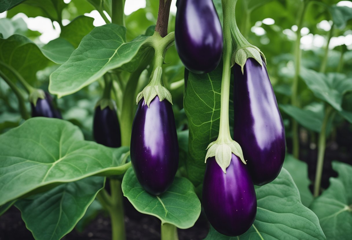 Lush eggplant plants in a vibrant garden, with ripe purple eggplants ready for picking