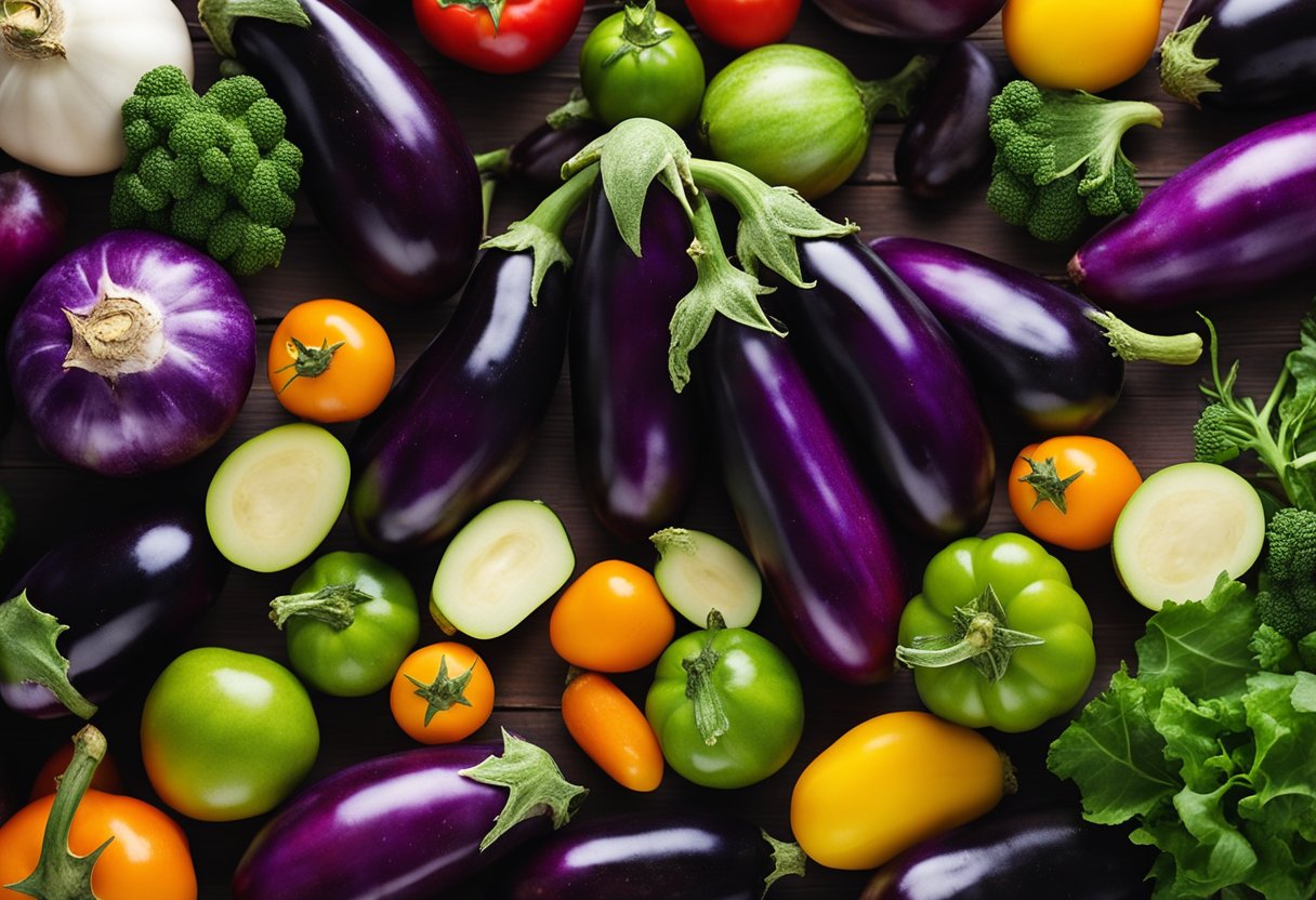 A colorful array of fresh eggplants displayed on a wooden table, surrounded by vibrant vegetables and fruits