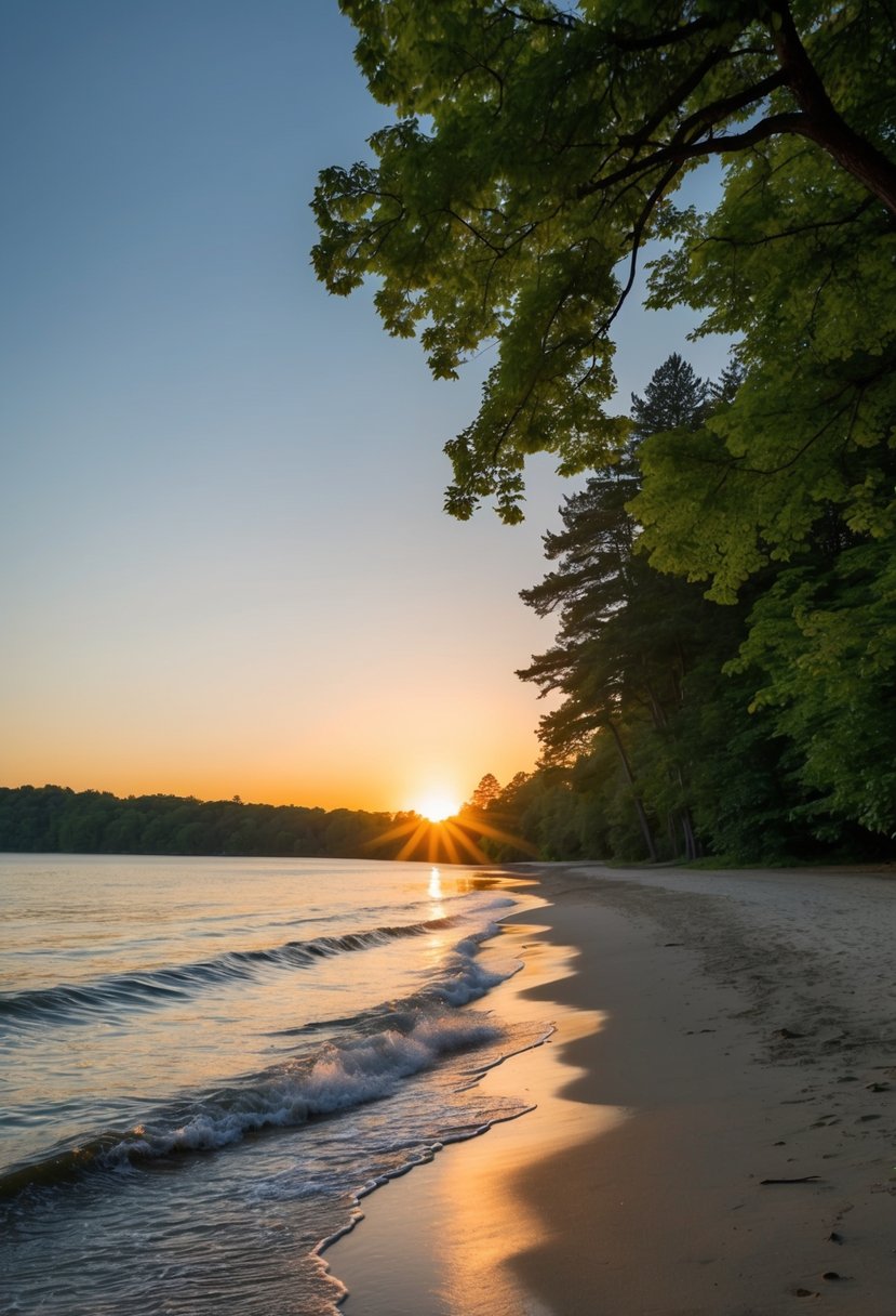 10 Best Beaches in Wisconsin: Uncover Stunning Coastal Gems 1 Experience the Best Beaches in Wisconsin with a sunset over a tranquil lake, sandy shores, and lush green trees. Waves gently lap, creating pure peace.
