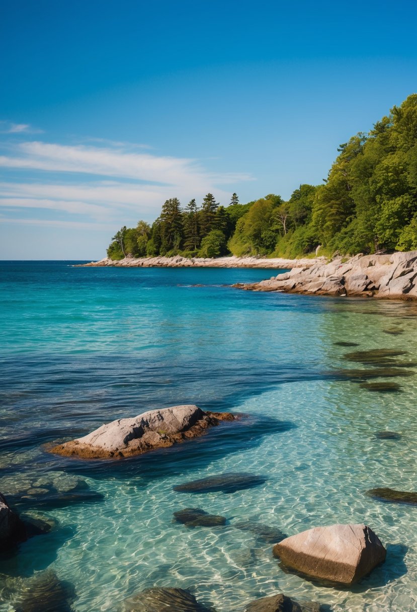 10 Best Beaches in Wisconsin: Uncover Stunning Coastal Gems 3 The rocky shoreline of Schoolhouse Beach on Washington Island, Wisconsin, with crystal clear waters and a backdrop of lush greenery