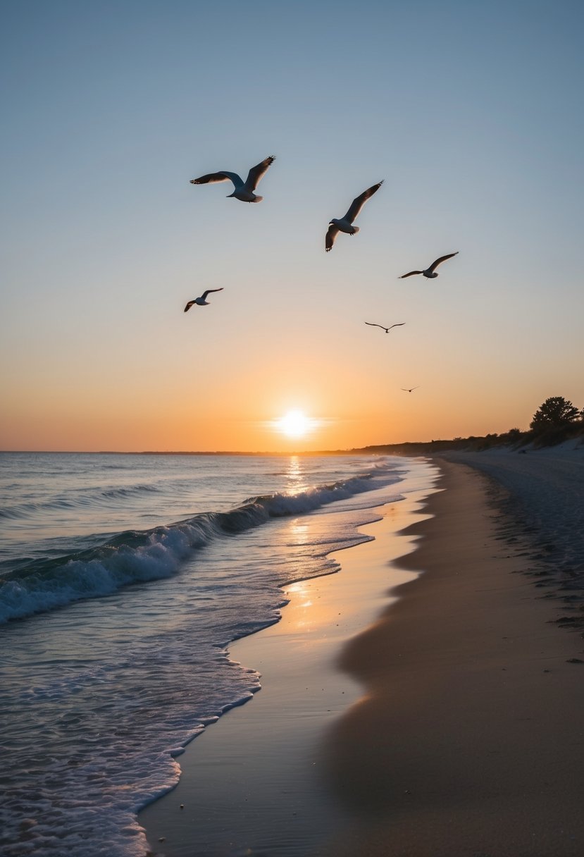10 Best Beaches in Wisconsin: Uncover Stunning Coastal Gems 4 The sun sets over the sandy shore of Harrington Beach State Park, with gentle waves lapping at the coastline. Seagulls soar overhead as the beach stretches into the distance