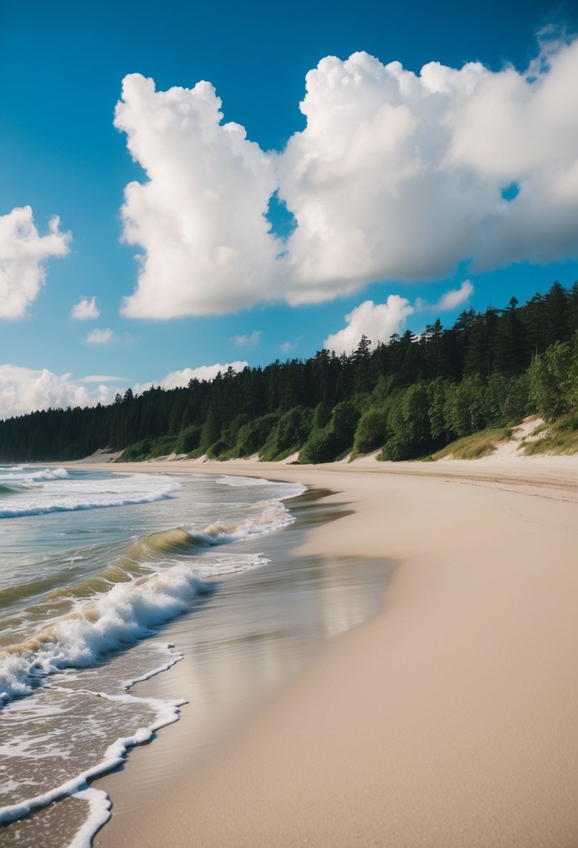 10 Best Beaches in Wisconsin: Uncover Stunning Coastal Gems 5 Sandy shore with gentle waves, bordered by lush forest and dunes. Blue sky and white clouds above