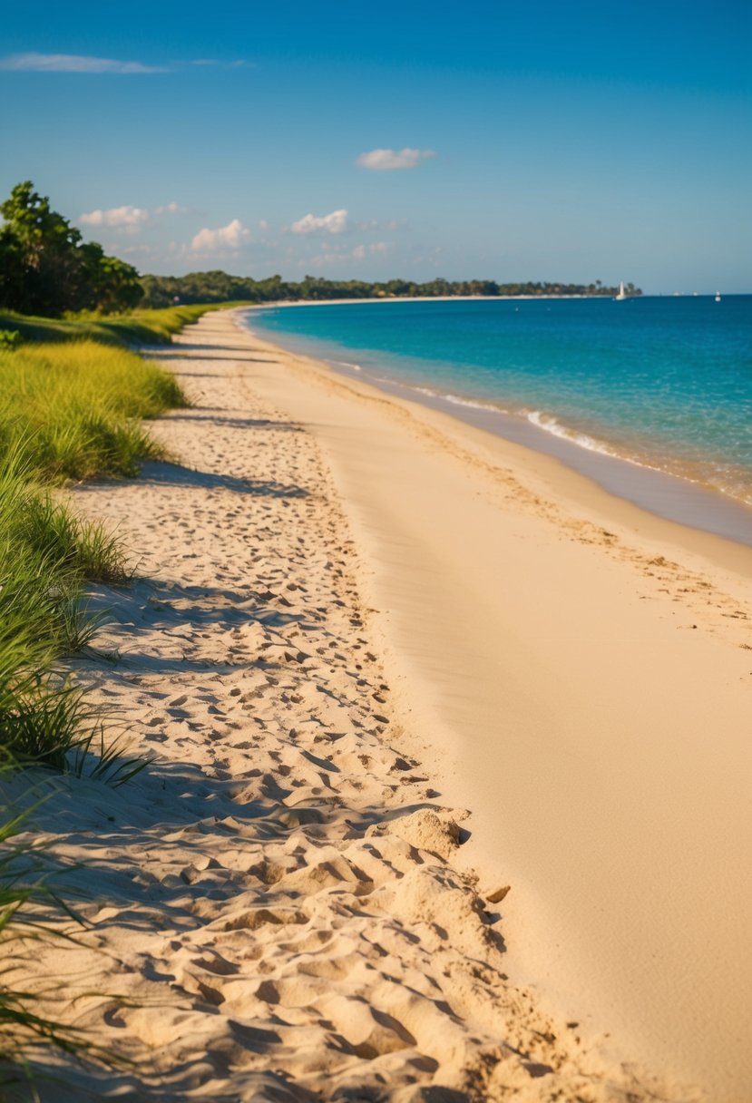 10 Best Beaches in Wisconsin: Uncover Stunning Coastal Gems 6 Golden sand stretches along the shore of North Beach Park, with clear blue waters and lush greenery. The sun shines down, casting a warm glow over the serene scene