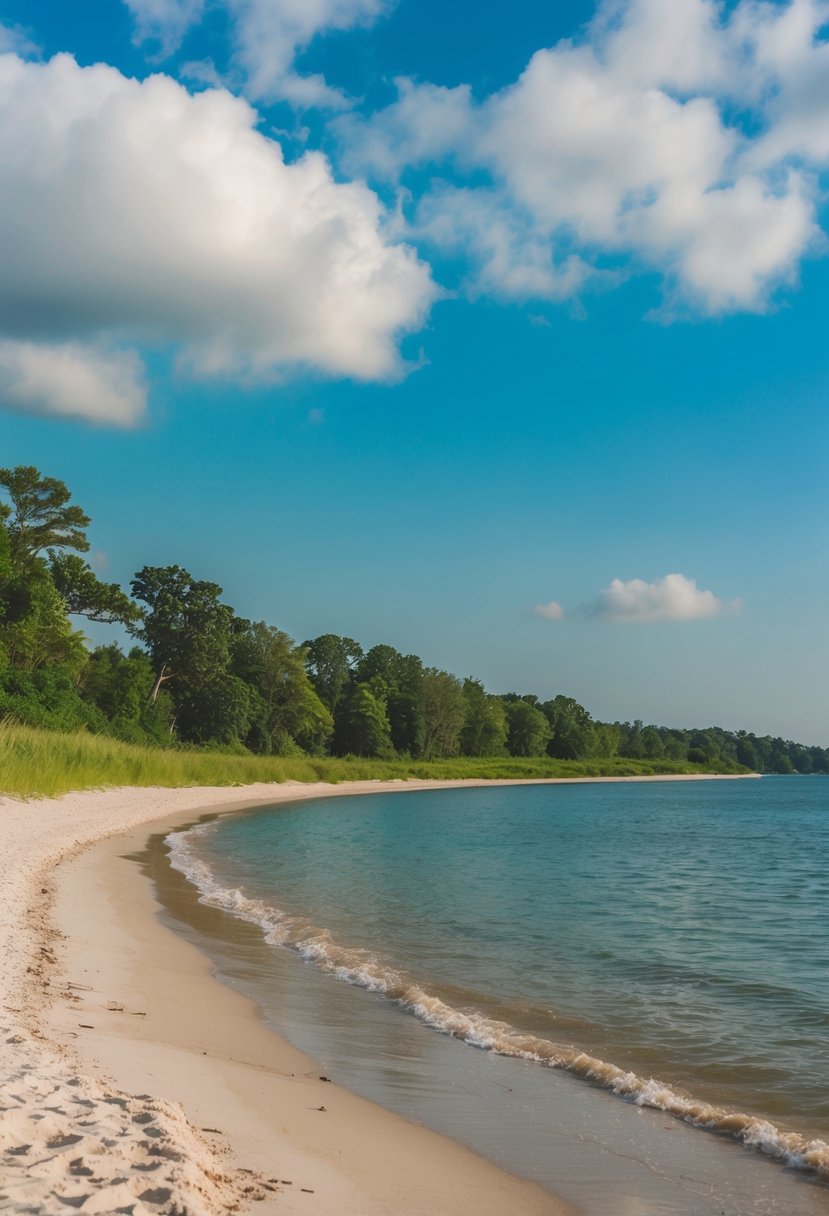 10 Best Beaches in Wisconsin: Uncover Stunning Coastal Gems 9 A serene beach at Klienke County Park, with soft sand, clear water, and lush greenery along the shore