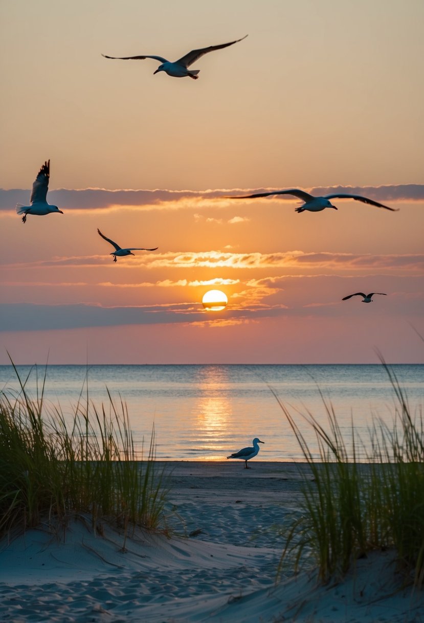 10 Best Beaches in Wisconsin: Uncover Stunning Coastal Gems 10 The sun sets over Simmons Island Beach, casting a warm glow on the golden sand and calm waters of Lake Michigan. Seagulls soar overhead, and a gentle breeze rustles the dune grass