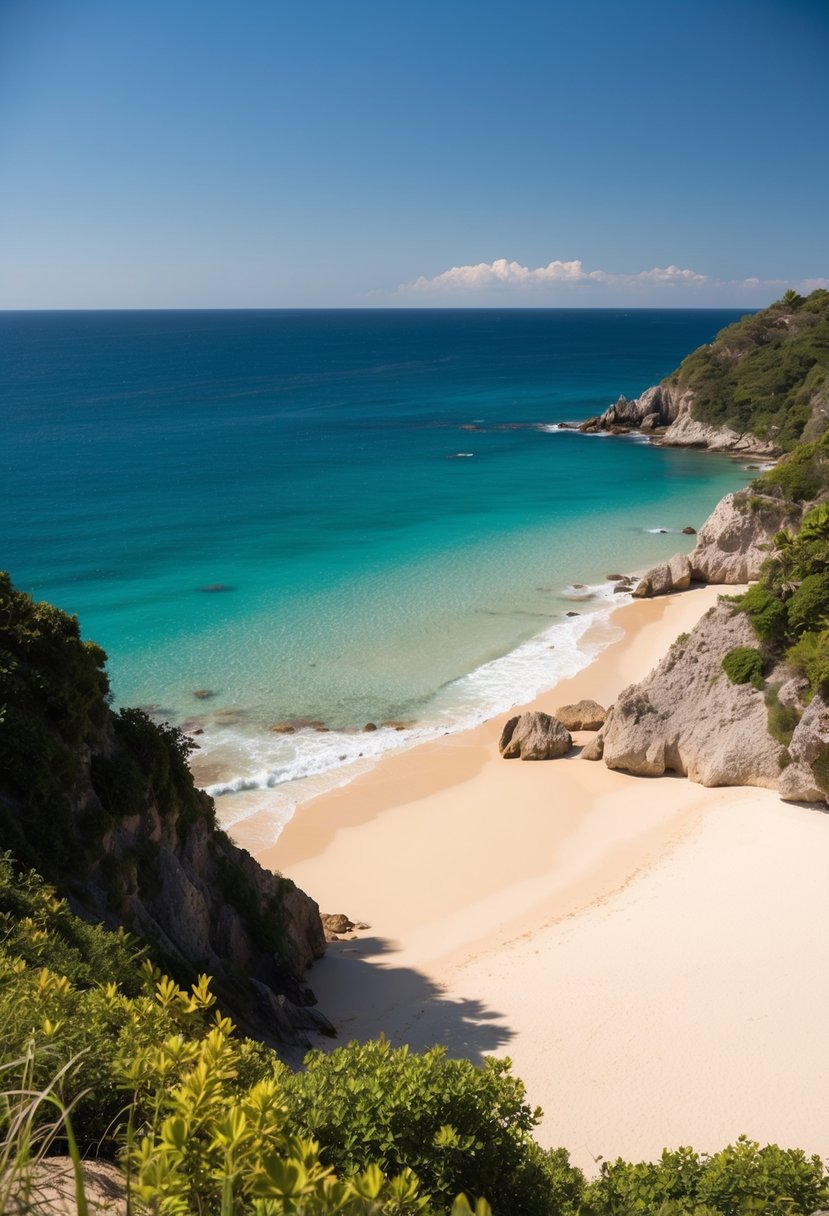 10 Best Beaches in Wisconsin: Uncover Stunning Coastal Gems 12 Sandy beaches with clear blue waters, surrounded by lush greenery and rocky cliffs. The sun shines down on the peaceful coastline, with gentle waves lapping the shore