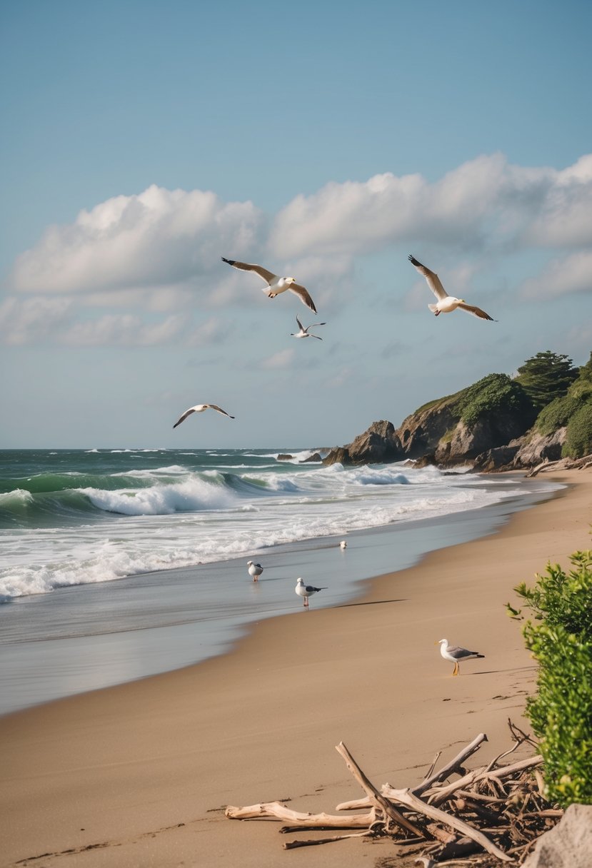10 Best Beaches in Wisconsin: Uncover Stunning Coastal Gems 13 Sandy shoreline with rolling waves, seagulls, and driftwood. Lush greenery and rocky outcrops border the beach
