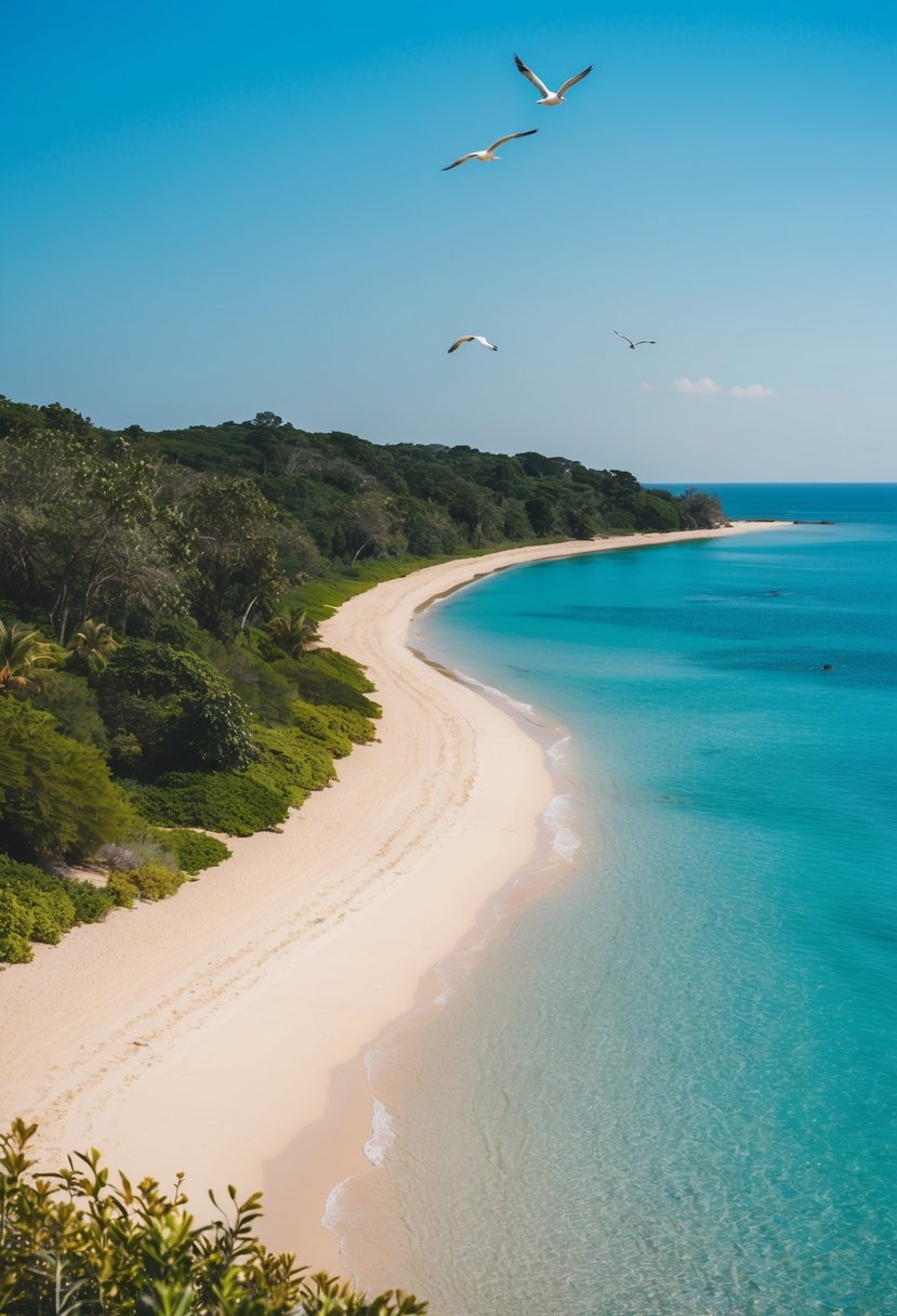 10 Best Beaches in Wisconsin: Uncover Stunning Coastal Gems 14 A serene beach with clear blue water, sandy shores, and lush greenery along the coastline. A few seagulls can be seen flying overhead