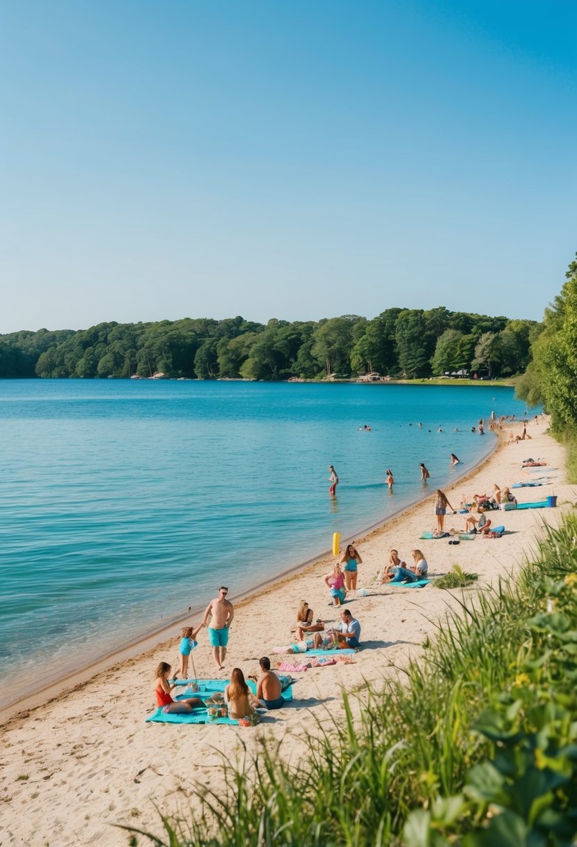 10 Best Beaches in Wisconsin: Uncover Stunning Coastal Gems 15 A serene lakeshore with sandy beaches, clear blue waters, and lush greenery, with families and friends enjoying picnics and water activities