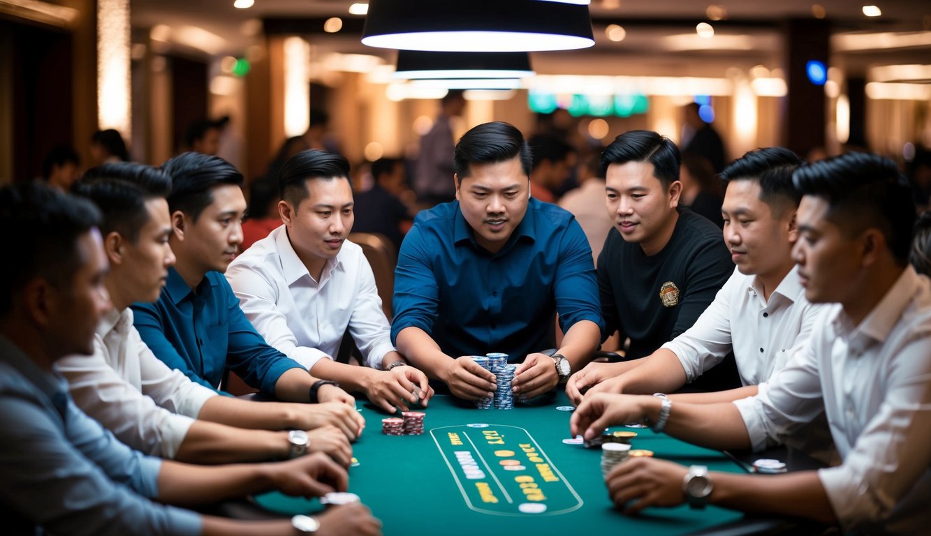 Sekelompok pemain berkumpul di sekitar meja, chip dan kartu di tangan, dengan ekspresi intens saat mereka bermain ceme online uang asli.