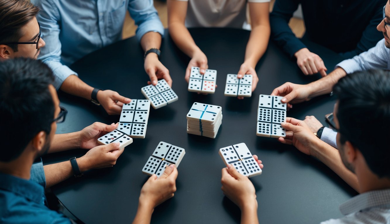 Sekelompok orang duduk di sekitar meja, masing-masing memegang satu set ubin mirip domino, dengan tumpukan chip di tengah