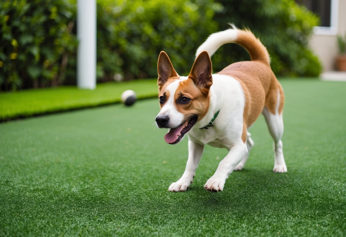 A dog happily playing on a lush green artificial turf, surrounded by durable, pet-friendly synthetic grass designed for canine use
