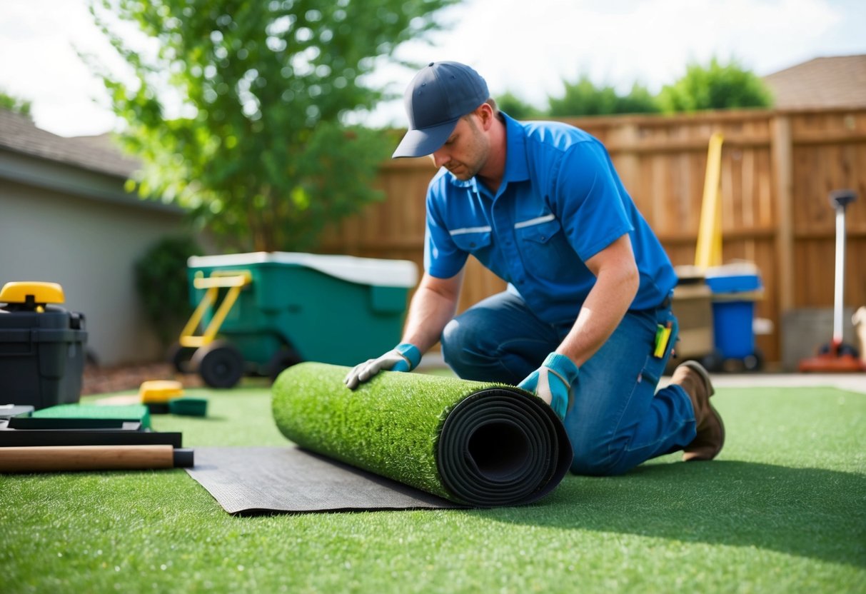 A worker unrolls and secures artificial turf in a yard, with tools and materials nearby