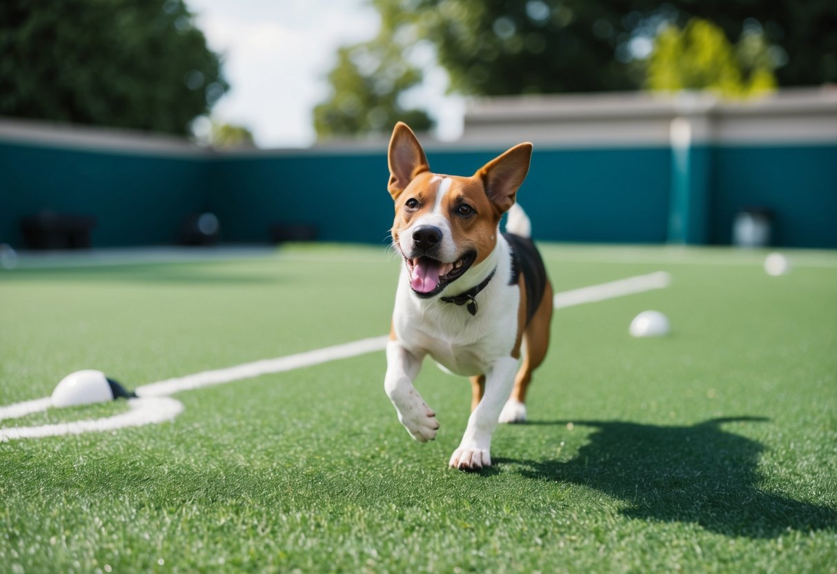 A dog happily playing on artificial turf, surrounded by durable and non-toxic materials, with proper drainage and odor control features