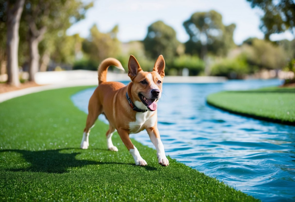 A dog happily plays on artificial turf surrounded by trees and clean water, showcasing the environmental impact and sustainability of the product
