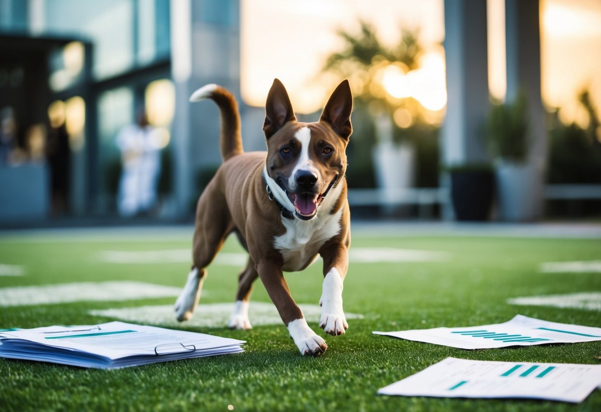 A dog running and playing on a patch of artificial turf, surrounded by budgeting and cost analysis documents