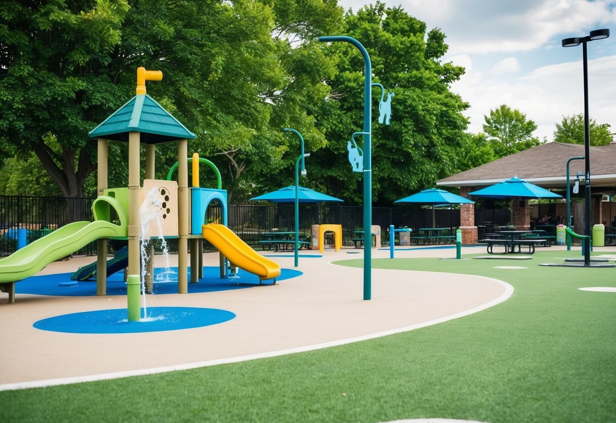 A lively dog park with artificial turf, featuring play equipment, water fountains, and shaded areas for dogs to enjoy