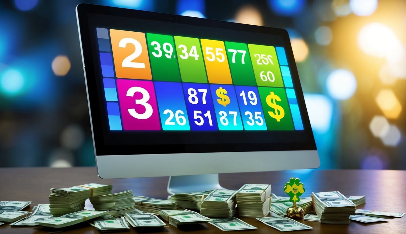 Sebuah layar komputer yang bersinar dengan grafik dan angka berwarna-warni, dikelilingi oleh tumpukan uang tunai dan jimat keberuntungan