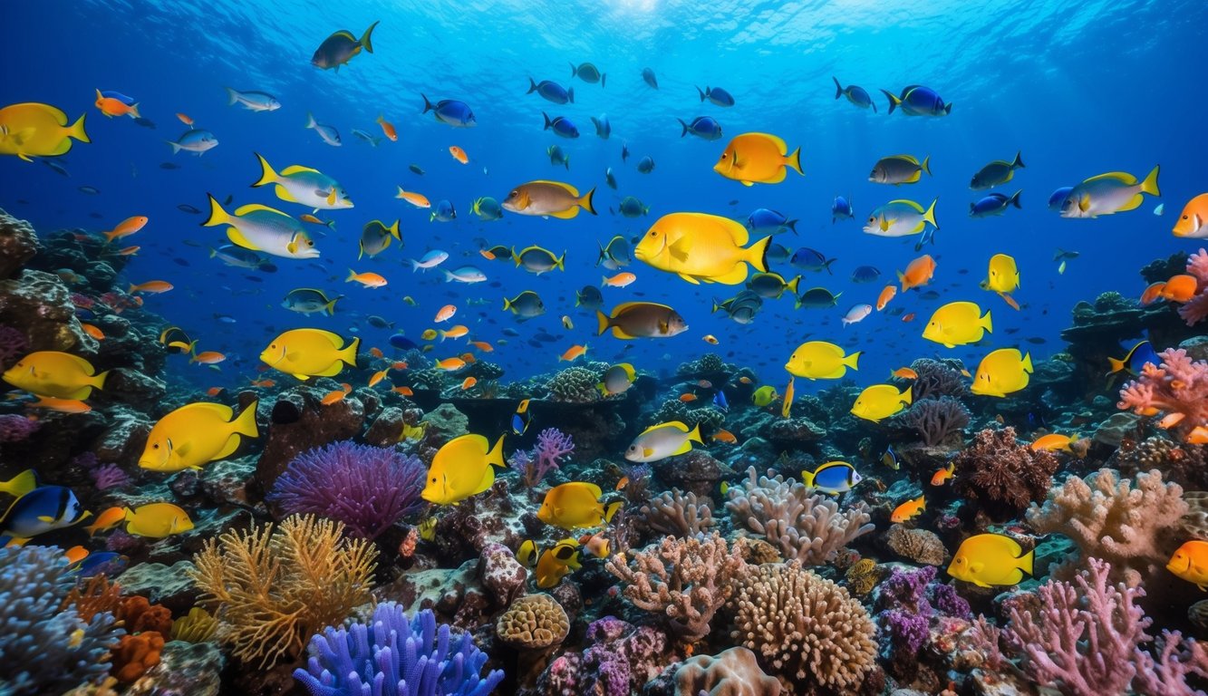 Dunia bawah laut yang ramai dengan ikan berwarna-warni, terumbu karang, dan makhluk laut, dikelilingi oleh suasana yang cerah dan hidup