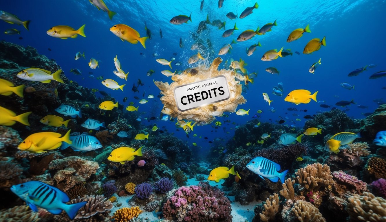 Sebuah dunia bawah laut yang penuh warna dengan ikan-ikan berwarna-warni dan arus yang berputar, dengan simpanan kredit yang berdenyut mengapung di tengahnya