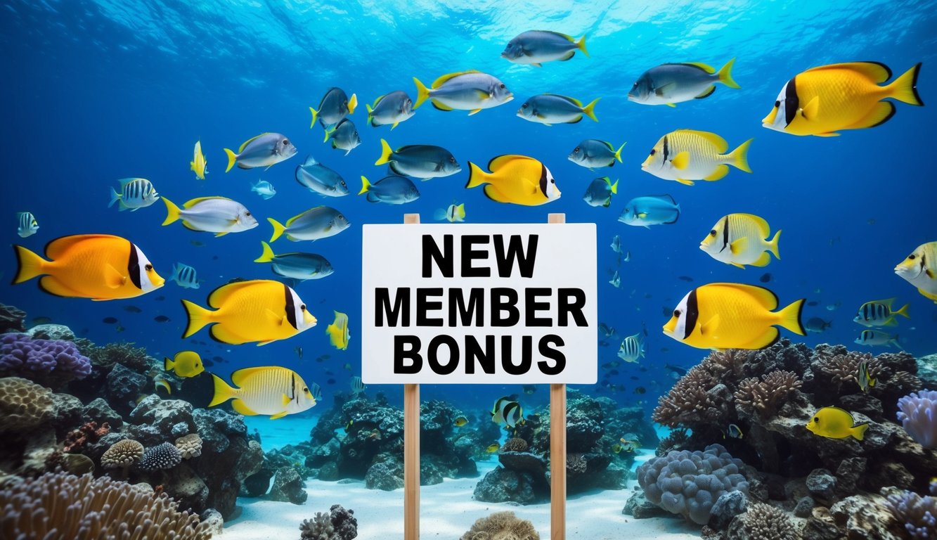 Dunia bawah laut yang berwarna-warni dengan berbagai jenis ikan yang berenang di sekitar sebuah papan yang bertuliskan "bonus anggota baru" di lingkungan lautan tropis