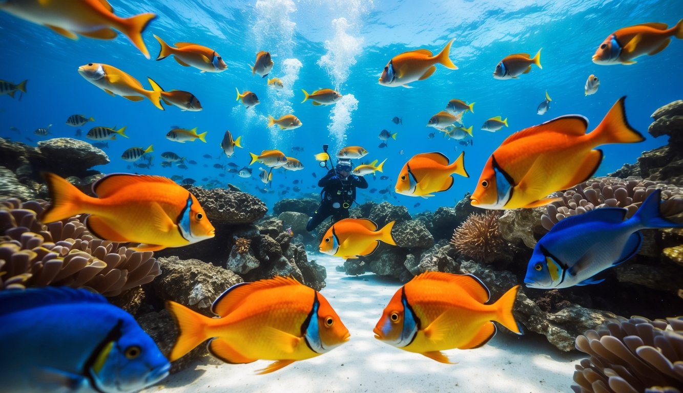 Dunia bawah laut yang hidup dengan ikan berwarna-warni dan aksi tembak yang dinamis