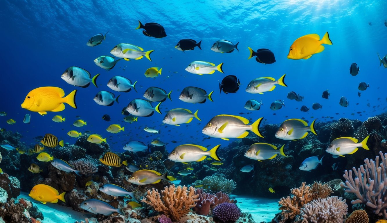 Dunia bawah laut yang berwarna-warni dengan berbagai jenis ikan yang berenang, dengan latar belakang terumbu karang yang cerah dan air biru yang jernih