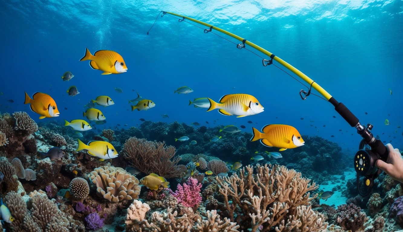 Sebuah pemandangan bawah laut yang tenang dengan ikan-ikan berwarna-warni berenang di sekitar terumbu karang, dengan sebuah harpoon memancing yang mengarah ke ikan target.