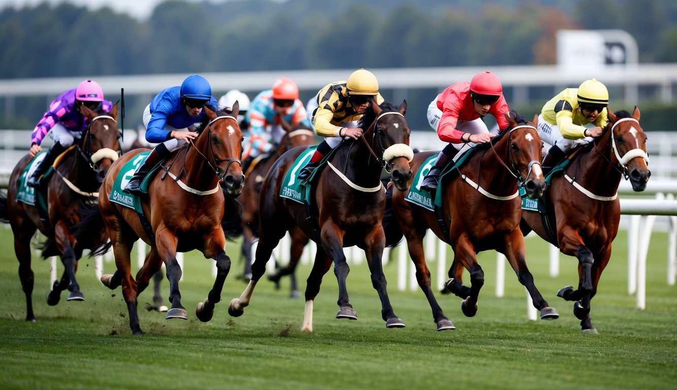 Sekelompok kuda balap yang elegan melaju kencang di lintasan, joki membungkuk ke depan saat mereka bersaing untuk menang