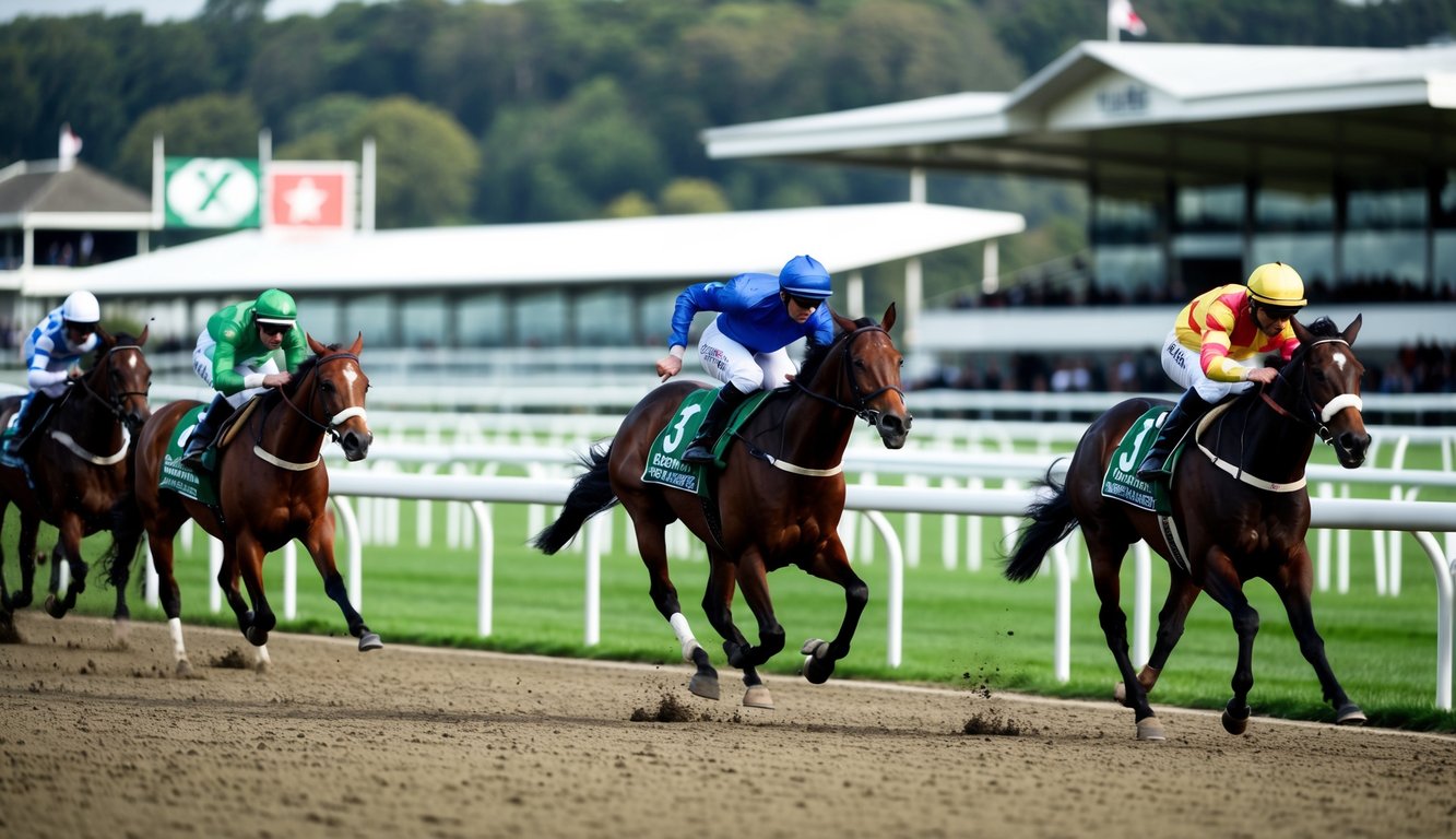 Sebuah lintasan balap kuda dengan tribun dan joki yang menunggang kuda di agen taruhan resmi