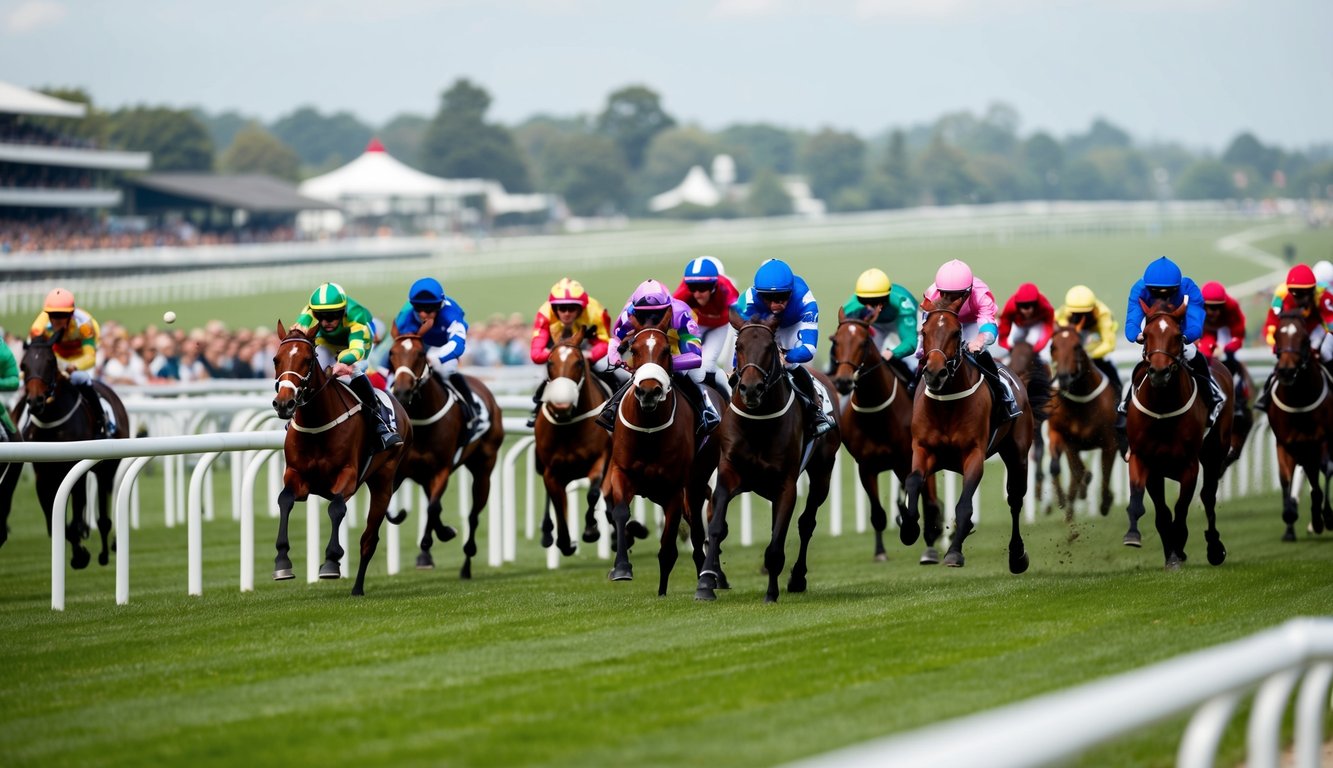 Sebuah lintasan balap kuda yang ramai dengan joki berwarna-warni dan penonton yang bersorak