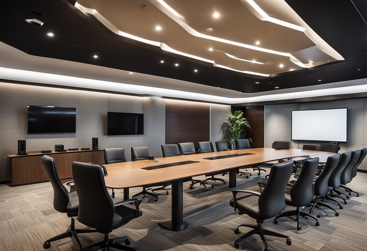 A conference room with AV equipment, including a large display screen, speakers, and a video conferencing system. Multiple devices are connected wirelessly for seamless collaboration