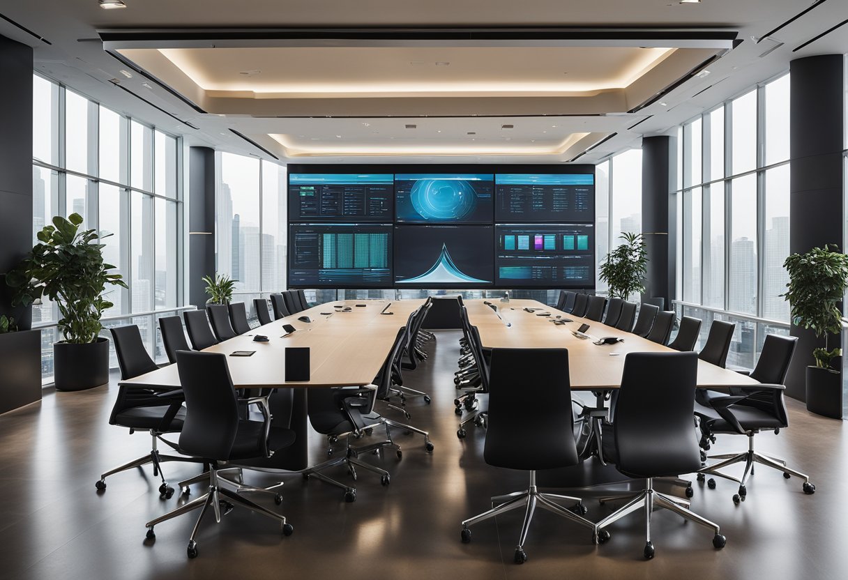 A conference room with a large display screen and multiple devices connected, showing a seamless exchange of ideas and information between clients and collaborators