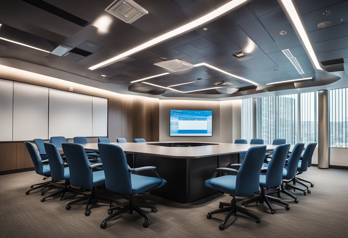 A conference room with a large video display, sound system, and interactive whiteboard, surrounded by comfortable seating for a collaborative meeting