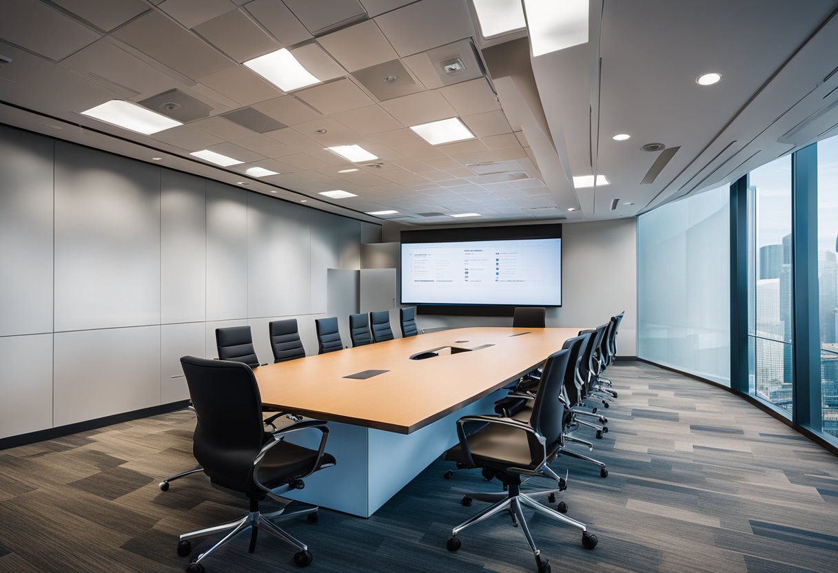 A modern conference room with sleek AV technology, including large display screens, interactive whiteboards, and video conferencing equipment