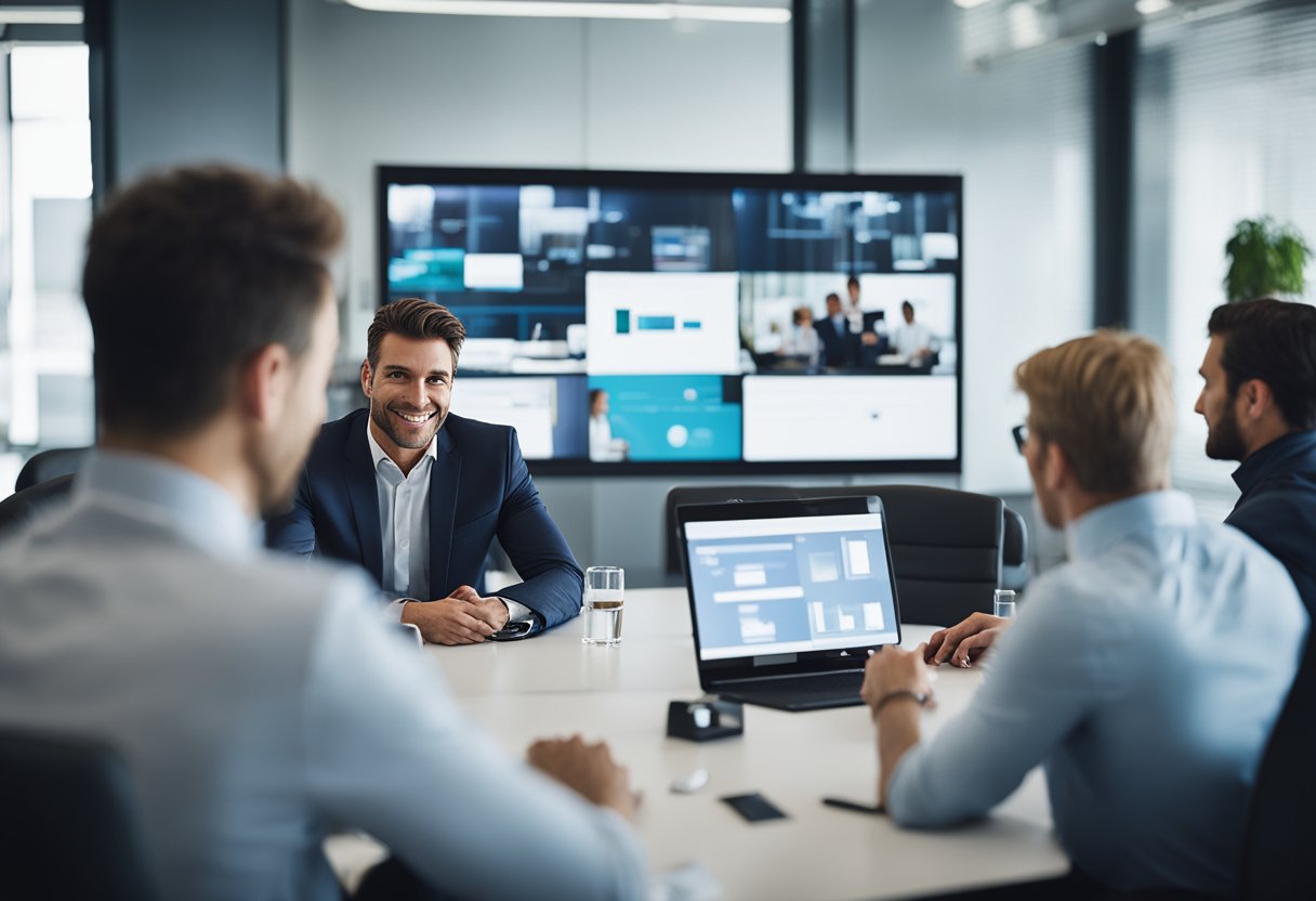 A conference room with AV equipment, including a large display screen, video conferencing system, and speakers. Two people sit at a table, engaged in a collaborative discussion