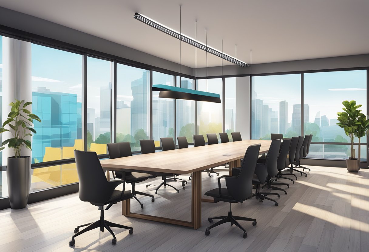 Ruang rapat modern dan ramping dengan jendela besar, furnitur bergaya, dan seni dinding yang cerah