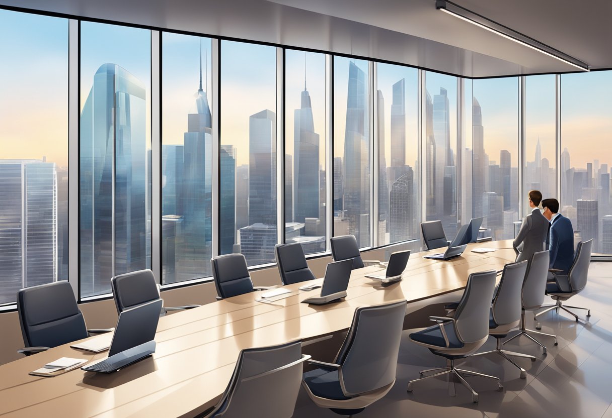 Sebuah ruang rapat modern yang terang benderang dengan furnitur dan teknologi yang ramping, dikelilingi oleh jendela besar dengan pemandangan garis langit kota yang ramai