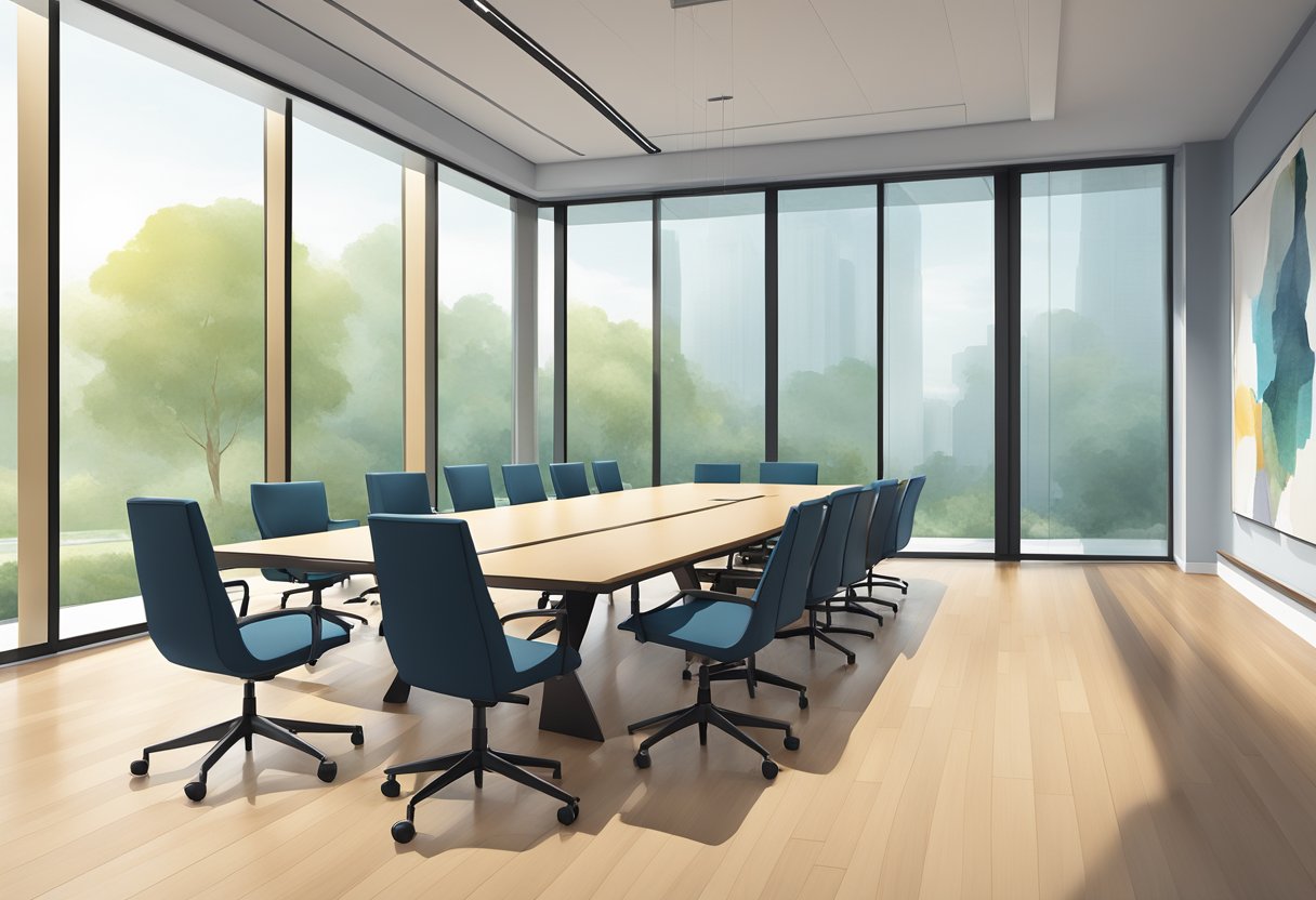 Ruang rapat modern dengan furnitur yang ramping dan minimalis, jendela besar yang membiarkan cahaya alami masuk, dan titik fokus yang mencolok seperti karya seni unik atau meja konferensi yang bergaya
