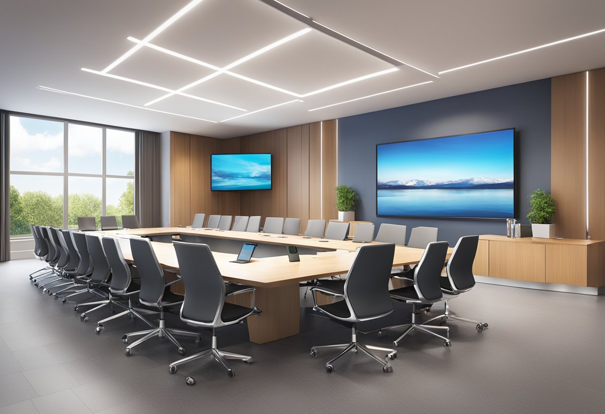 Ruang konferensi modern dengan teknologi canggih yang terintegrasi dalam desain, menciptakan ruang yang menarik dan visual untuk pertemuan.