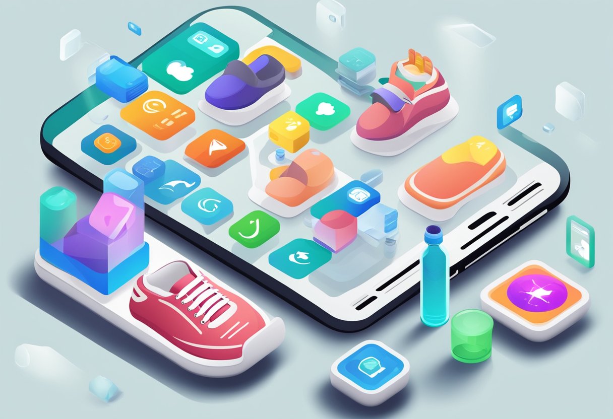 Um smartphone com cinco ícones de aplicativos de corrida exibidos na tela, cercado por um par de tênis de corrida e uma garrafa de água.