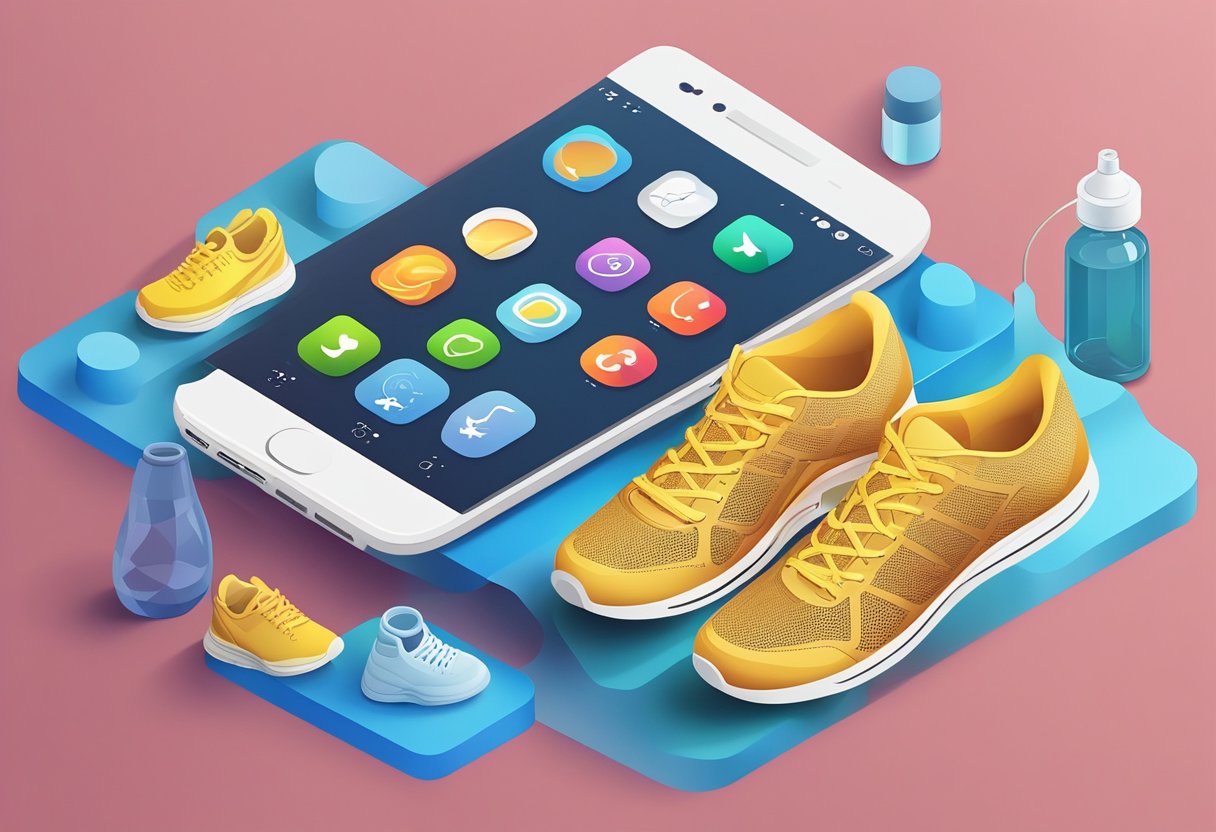 Um smartphone com cinco ícones de aplicativos de corrida exibidos na tela, cercado por um par de tênis de corrida e uma garrafa de água.